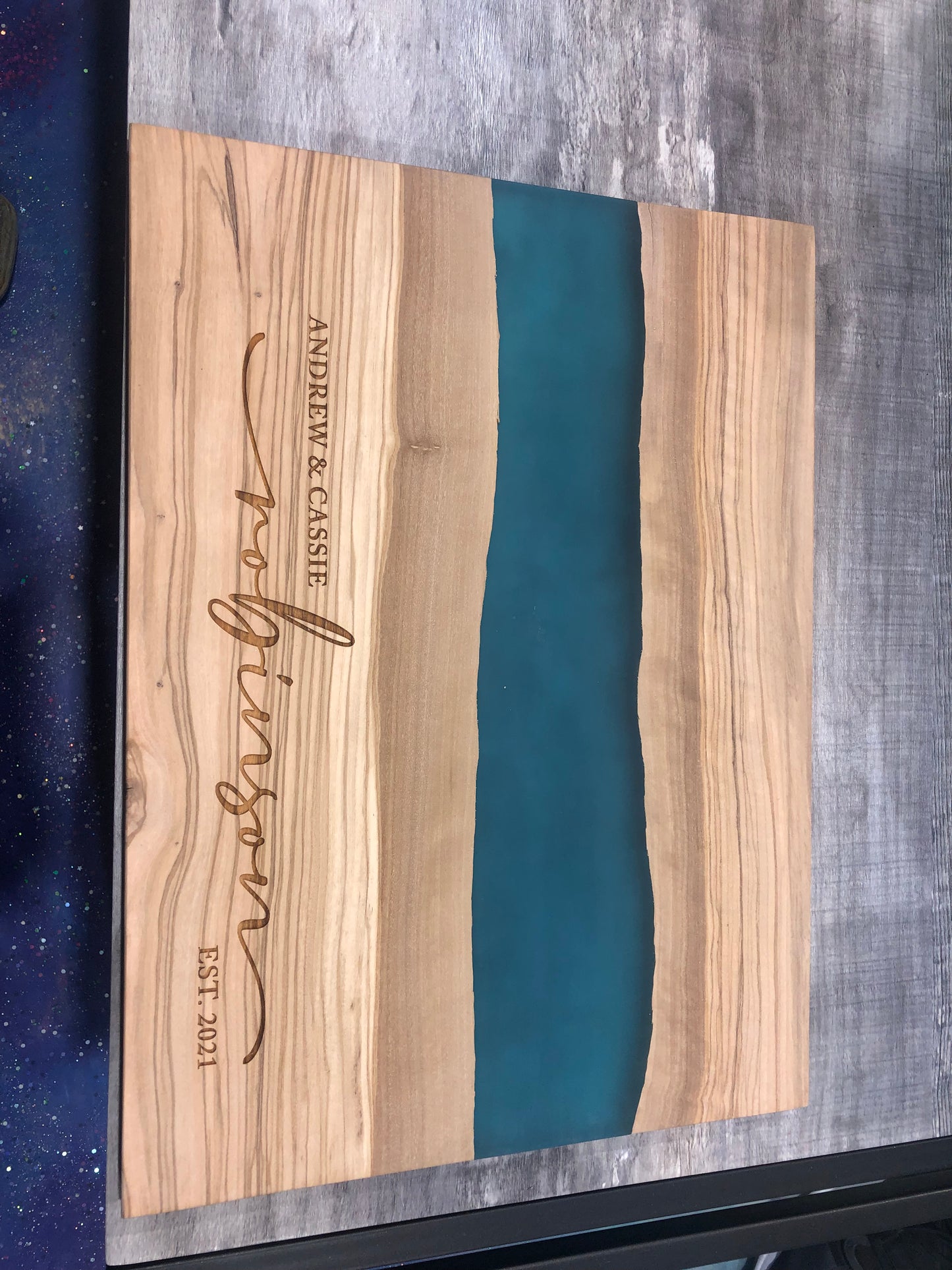 Olive wood w/blue resin cutting / charcuterie board