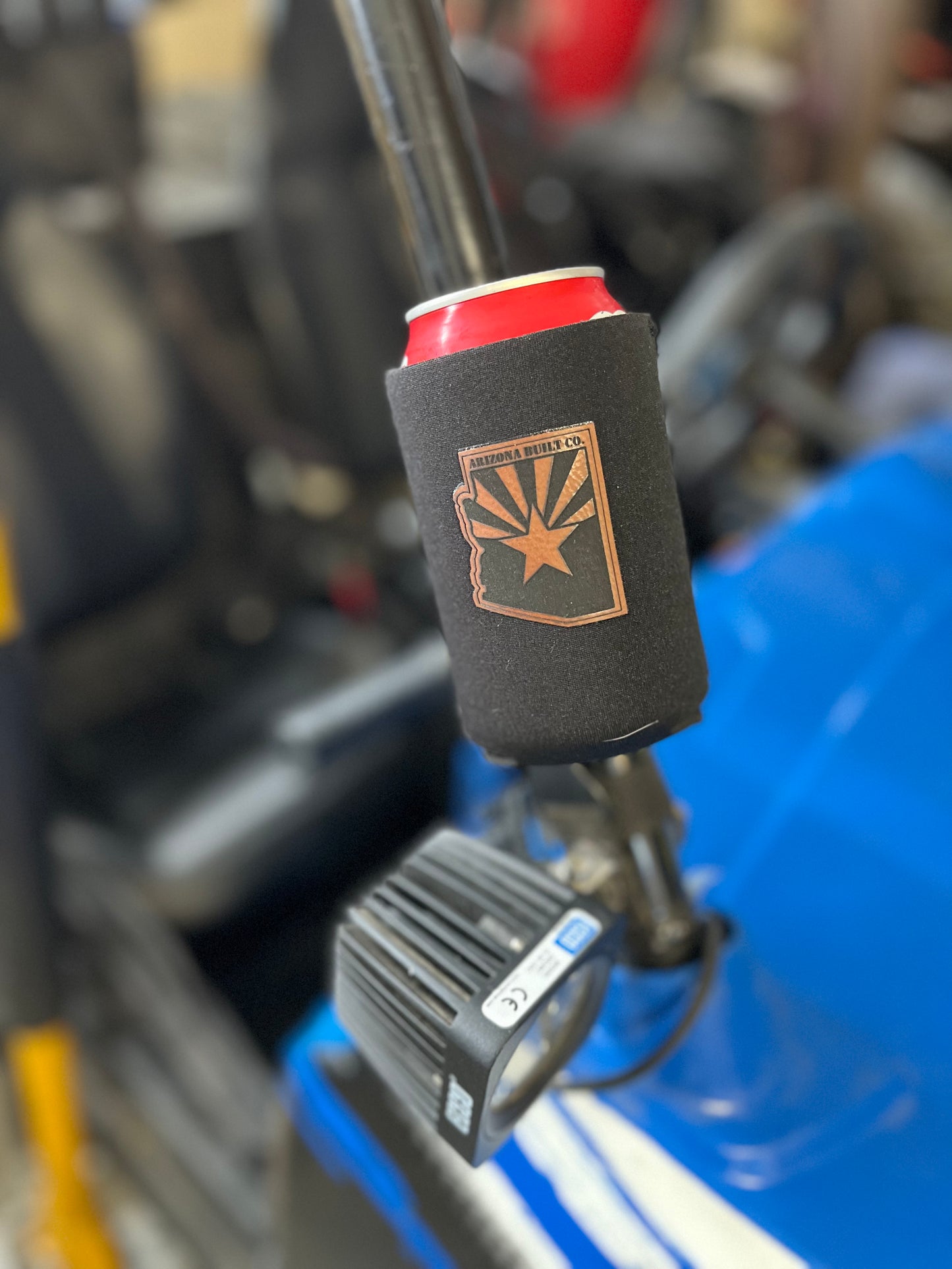 Magnetic Can Coozie with Engraved Leather Patch AZ Built Co. logo