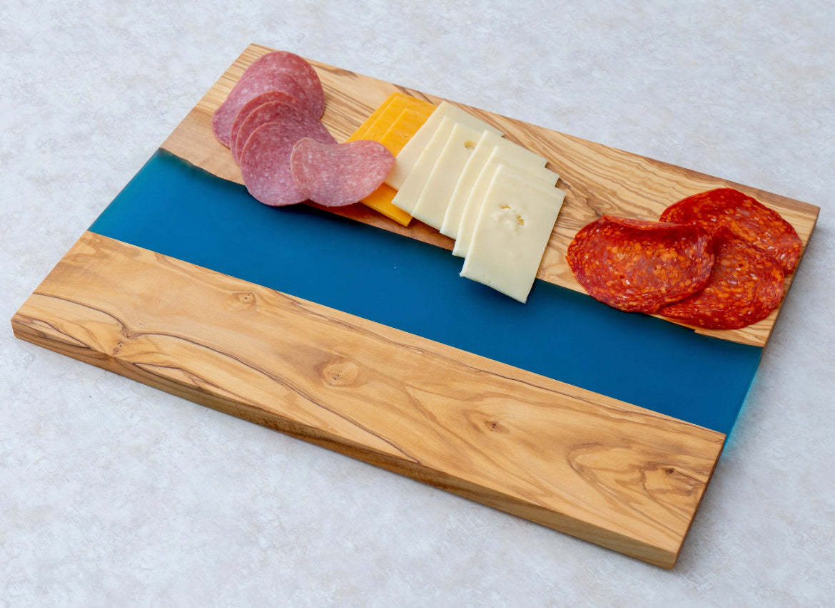 Olive wood w/blue resin cutting / charcuterie board